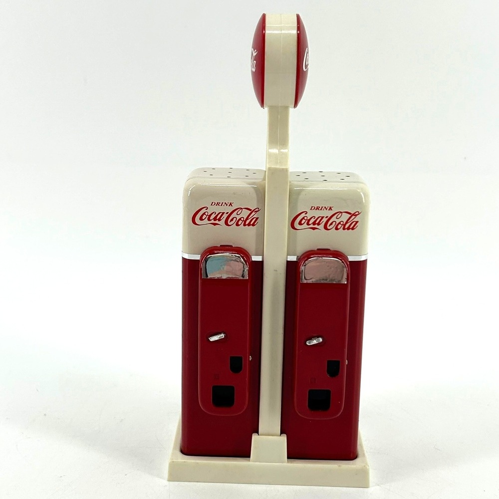 Vintage Coca-Cola Vending Machine Salt & Pepper Shakers Set with Stand Red White